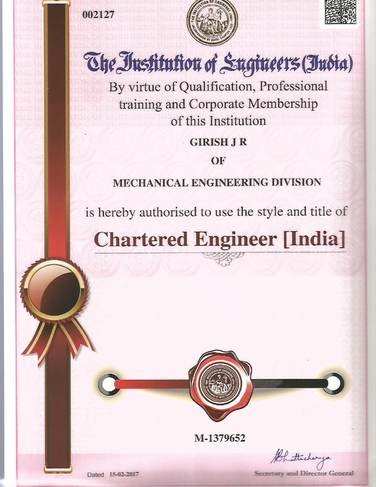 Chartered Engineer Certificate
